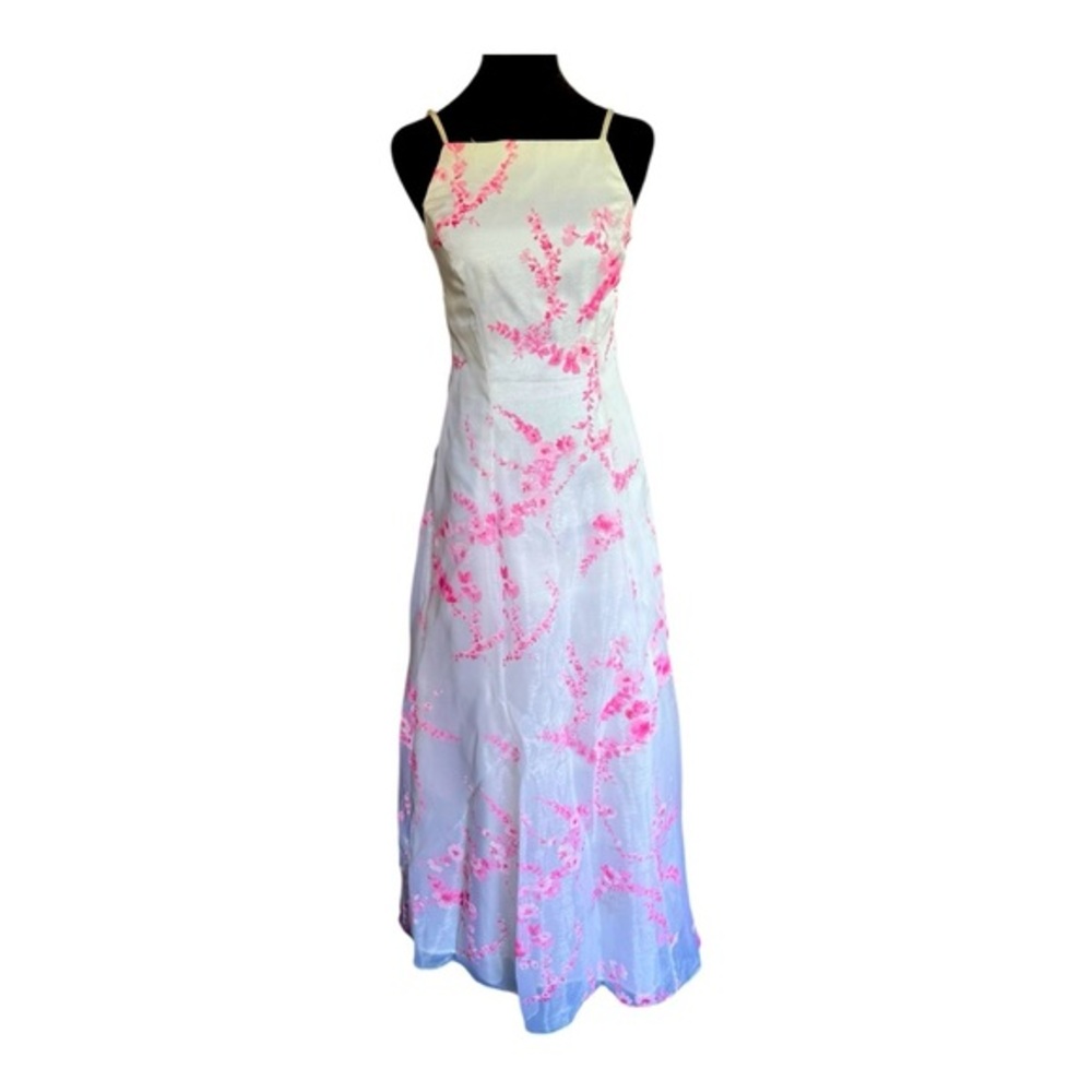 VTG 90s USA Organza Formal A line Dress in White with pink flower print SZ 3/4 - Picture 1 of 9